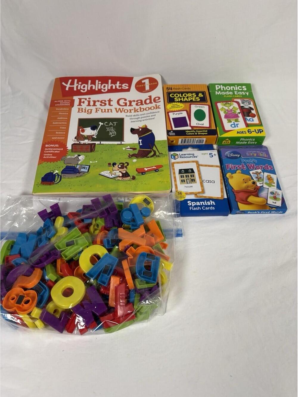 Lot Of Flashcards and First Grade Workbook educational for kids home school 5+